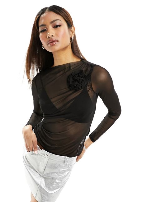 Vila sheer ruched detail top with flower