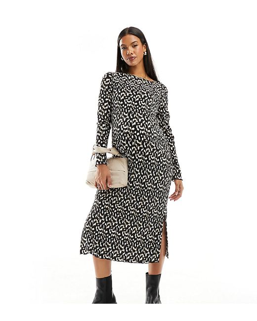 Mama.licious Maternity plisse midi dress with side split leopard print-