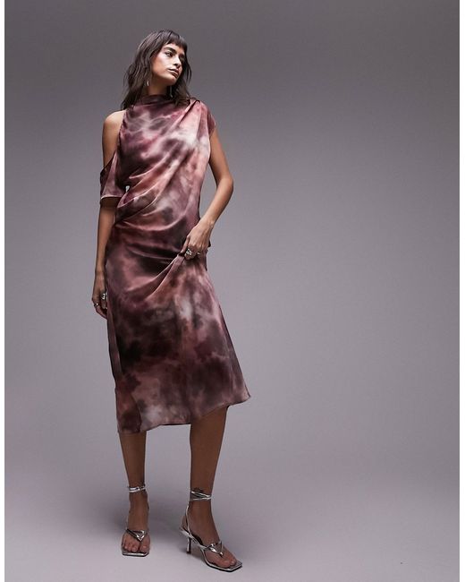TopShop off the shoulder midi column dress blurred print-