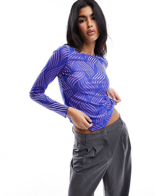 Pieces mesh textured top burnout bright blue and pink-