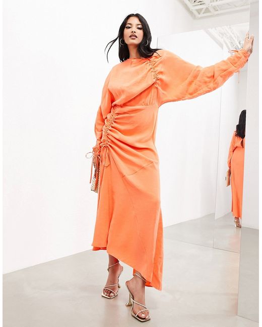 ASOS Edition long sleeve ruched maxi dress orange-