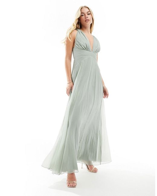 Asos Design Bridesmaid ruched bodice drape maxi dress with wrap waist Olive-