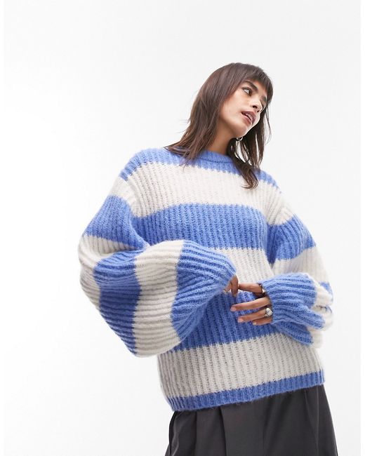 TopShop knit volume sleeve fluffy striped sweater blue white-