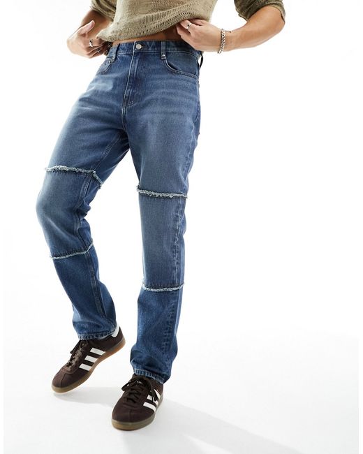 Asos Design straight leg jeans with frayed hem panels mid wash