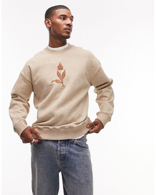 Topman oversized fit sweatshirt with tulip embroidery washed stone-