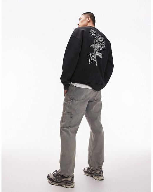 Topman oversized fit sweatshirt with front and back floral placement embroidery washed
