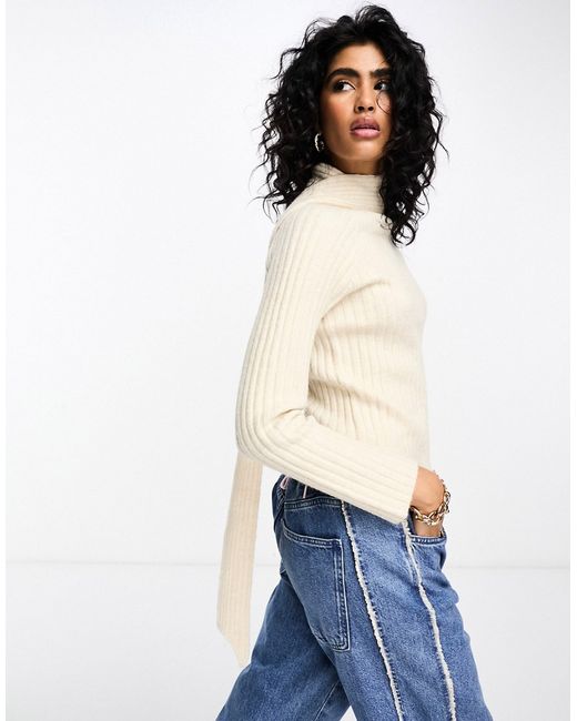 Y.A.S ribbed knitted sweater with attached scarf detail cream-