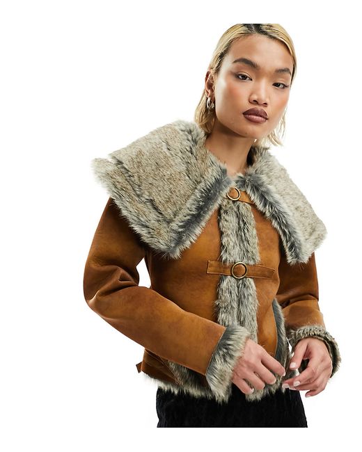 Reclaimed Vintage fitted faux suede jacket with fur trim and buckles-