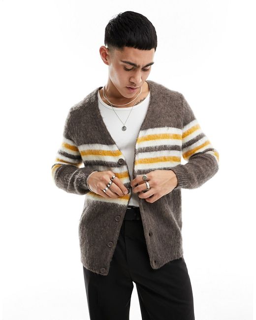 Asos Design relaxed knit cardigan with yellow and white stripe fluffy texture