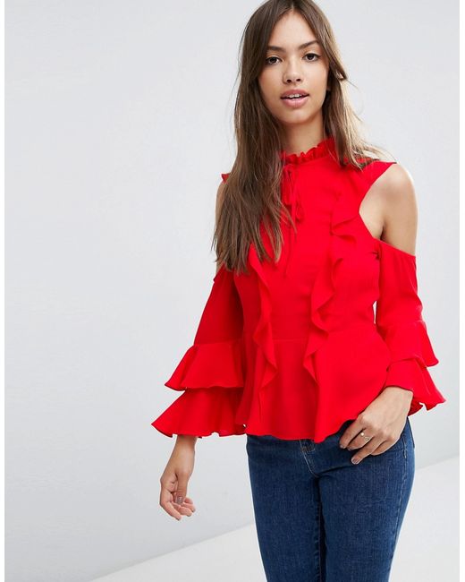 Asos Cold Shoulder Ruffle Blouse with Tie