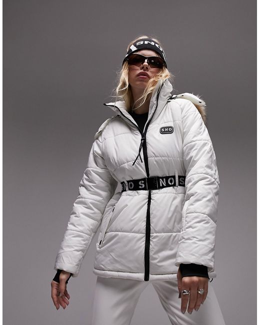 TopShop Sno ski coat with belt and faux fur trim hood ecru-
