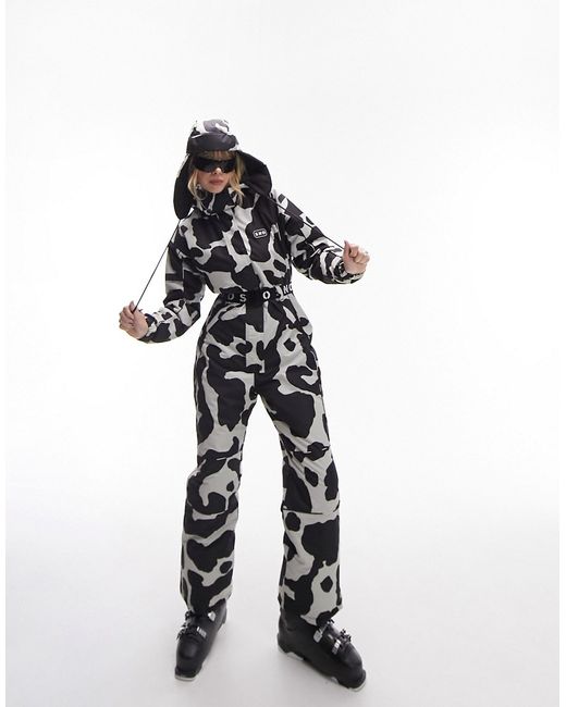TopShop Sno cow print ski suit with hood