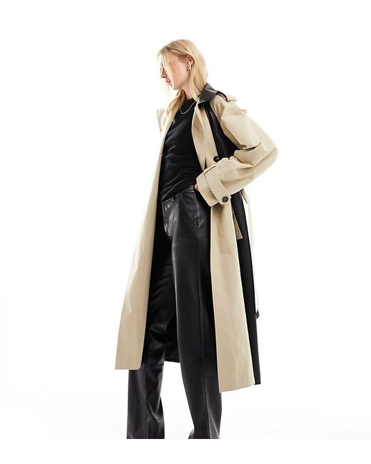 ASOS Tall DESIGN Tall faux leather spliced trench coat stone and black-