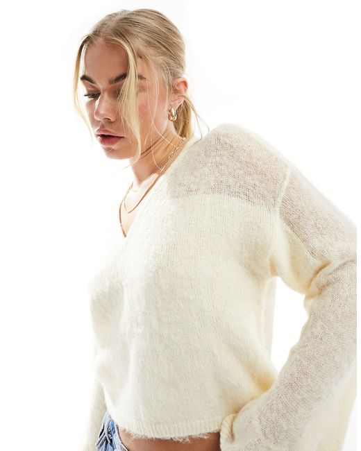 Asos Design V-neck sweater with sheer panel cream-