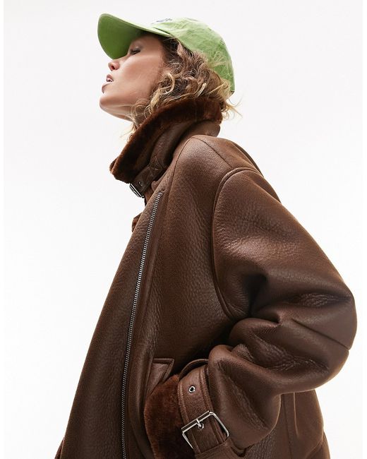 TopShop faux leather shearling aviator biker jacket chocolate-