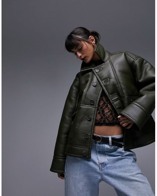 TopShop faux leather shearling oversized car coat with borg lining khaki-