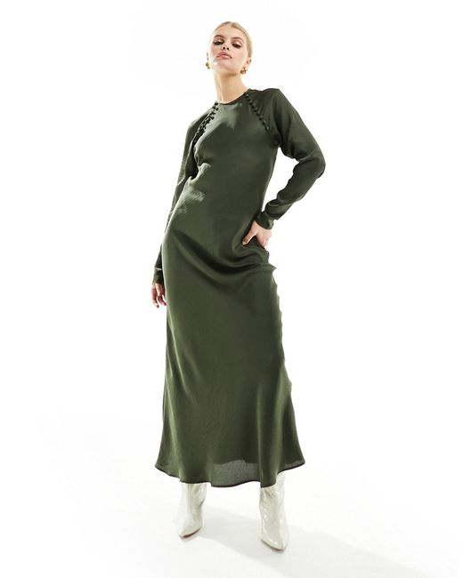 Asos Design satin biased maxi dress with button detail dark khaki-