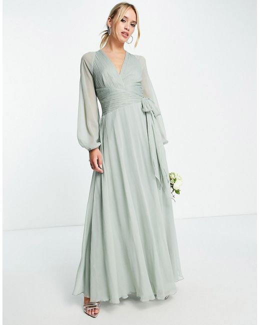 Asos Design Bridesmaid long sleeve ruched maxi dress with wrap skirt olive-