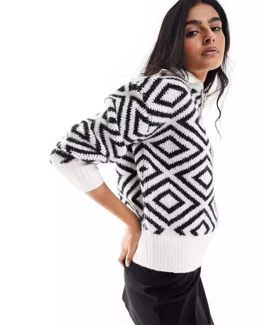 Pieces half zip sweater black white print-