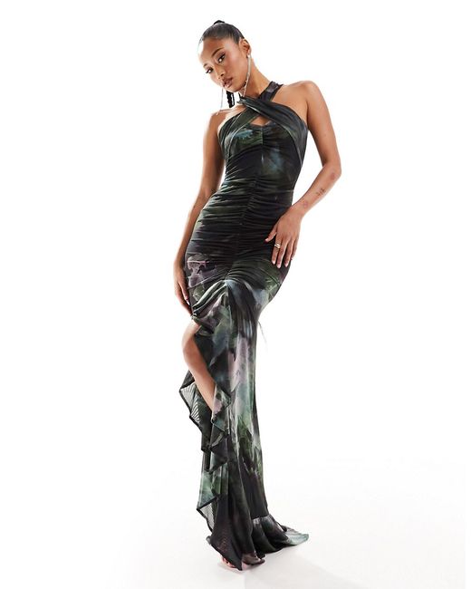 Asos Design mesh twist halter maxi dress with plunge neck and fishtail hem dark floral print-