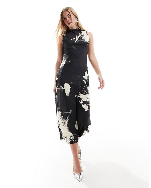 Asos Design satin cowl neck sleeveless midi dress black floral-