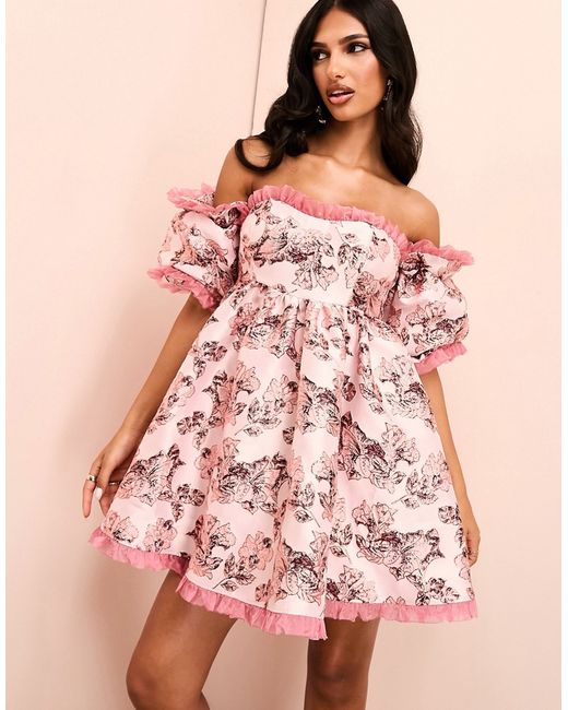 ASOS Luxe floral jacquard off shoulder puff sleeve mini skater dress with organza trim