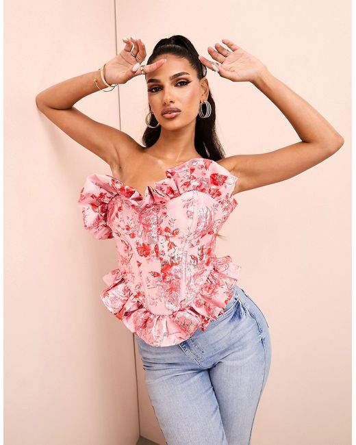 ASOS Luxe jacqaurd corset ruffle bandeau top and red floral print