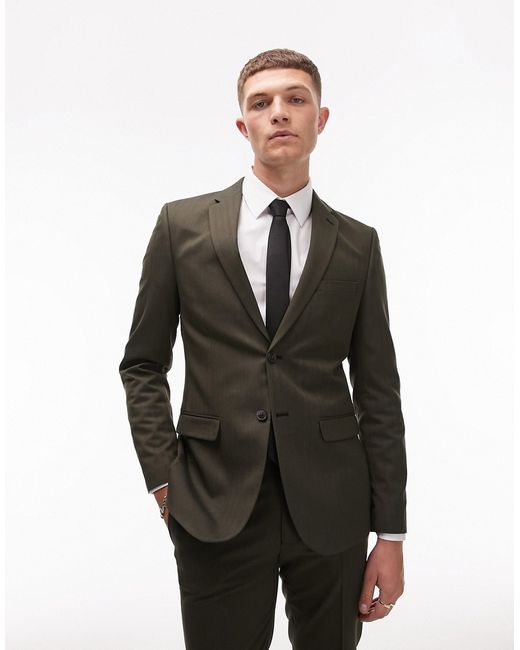 Topman skinny herringbone suit jacket khaki-