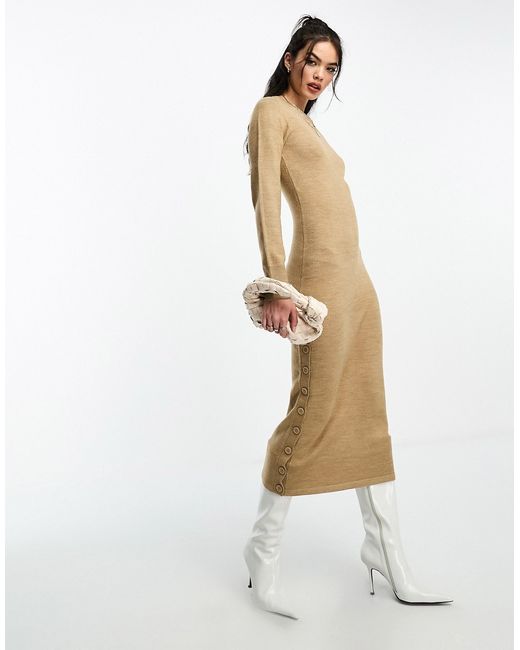 French Connection button detail knitted midi dress camel-