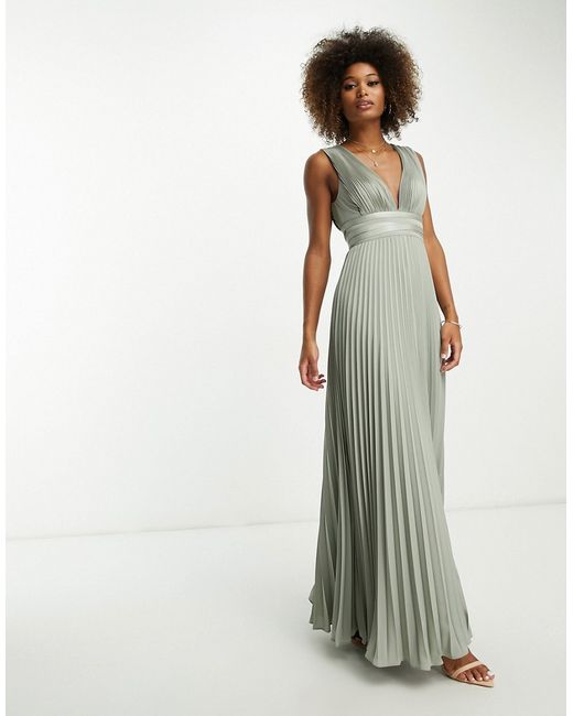 Asos Design Bridesmaid pleated cami maxi dress with satin wrap waist olive-