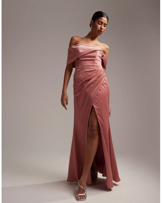Asos Design Bridesmaid satin off the shoulder drape wrap maxi dress dusky rose-