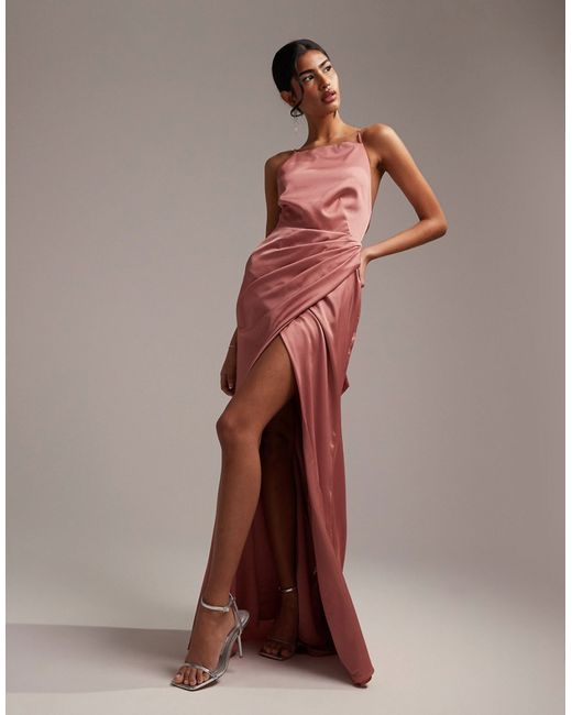 Asos Design Bridesmaid satin square neck maxi dress with side slit dusky rose-