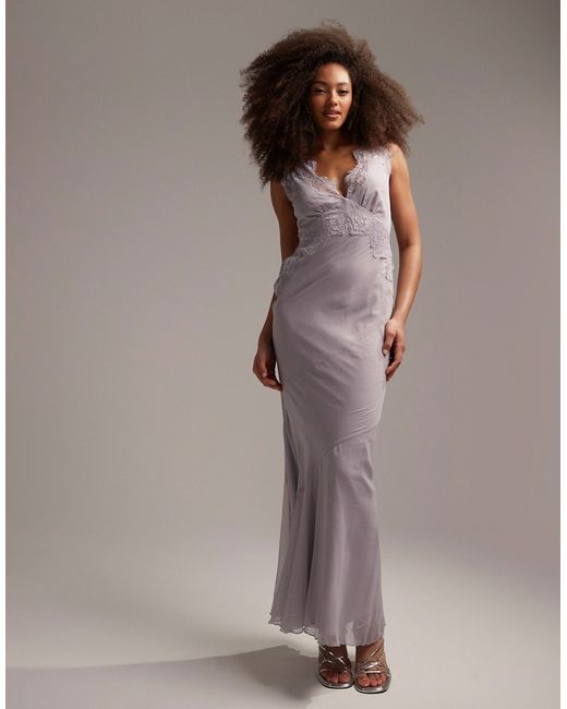 Asos Design bias cut chiffon midi dress with applique lace lilac-