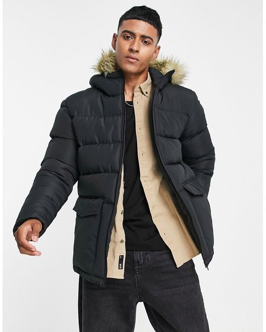French Connection padded parka jacket with faux fur hood