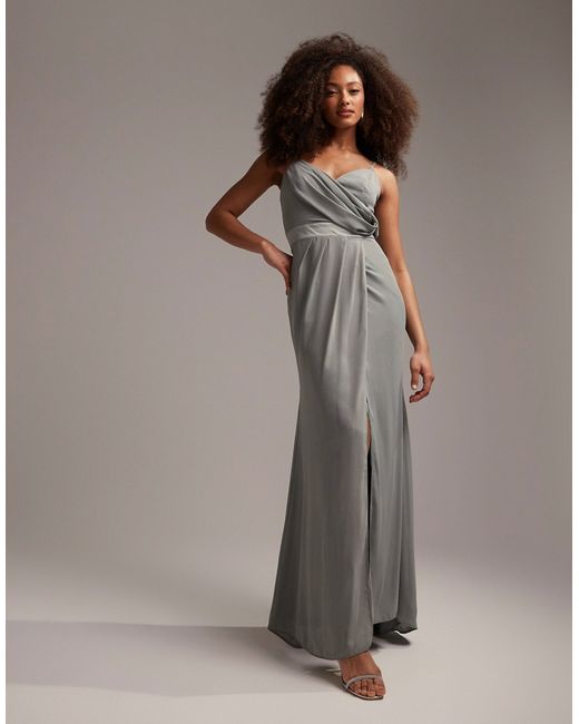 Asos Design Bridesmaid drape cami maxi dress with satin waist detail olive-