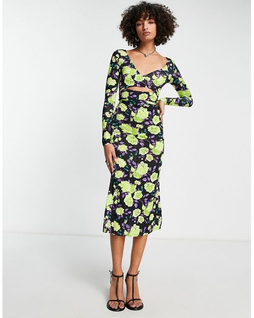 Asos Design long sleeve wrap around midi dress lime floral print-