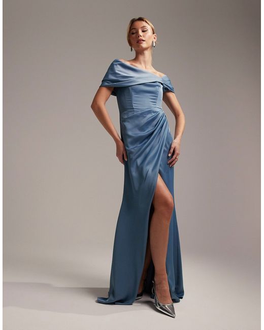 Asos Design Bridesmaid satin off the shoulder drape wrap maxi dress dusky