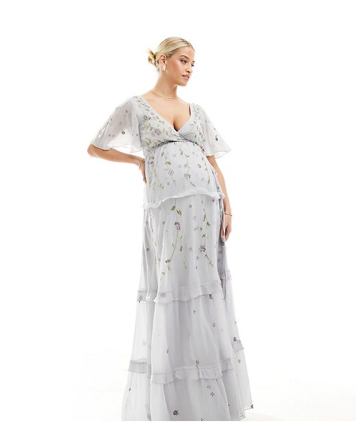 Asos Design Maternity Bridesmaid flutter sleeve embellished wrap maxi dress with embroidery light