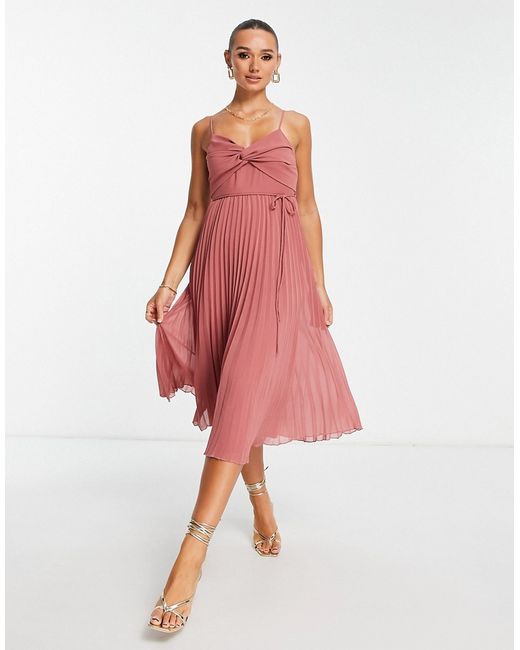 Asos Design twist front pleated cami midi dress with belt rose