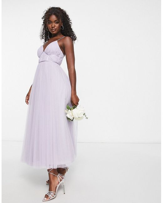 Asos Design Bridesmaid cami ruched bodice midi dress with pleated skirt lilac-