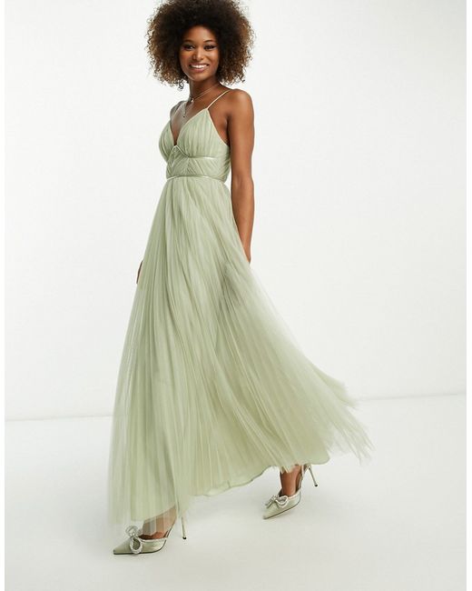 Asos Design Bridesmaid cami ruched bodice maxi dress with pleated skirt sage-