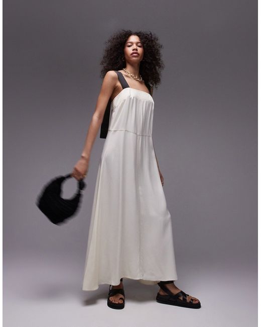 TopShop premium contrast stitch satin twill pinny midi dress ivory-