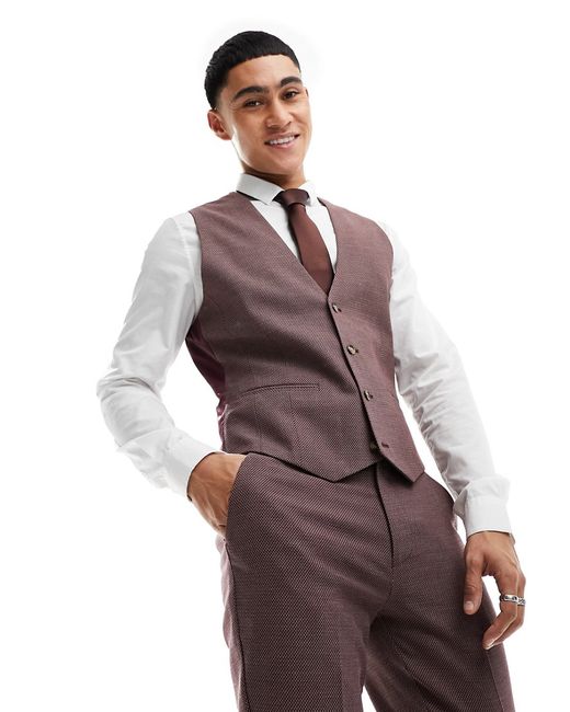 Asos Design wedding skinny suit vest burgundy microtexture-