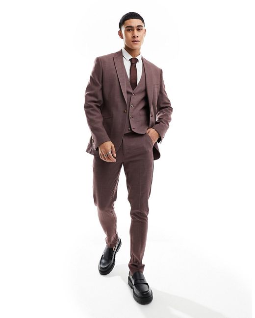 Asos Design wedding skinny suit jacket burgundy microtexture-
