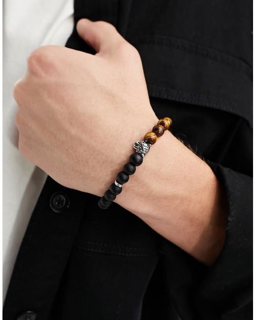 Asos Design bracelet with semi precious tiger and cheetah head silver tone-