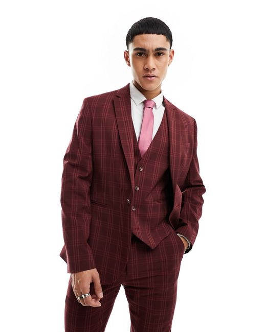Asos Design skinny suit jacket burgundy tonal check-