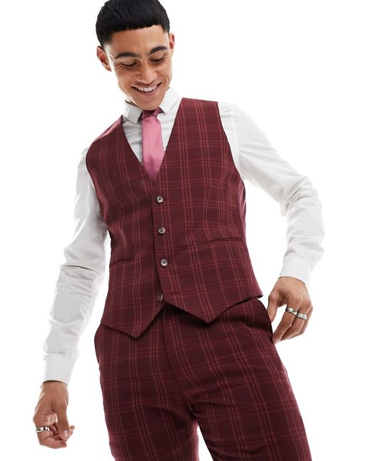 Asos Design skinny suit vest burgundy tonal check-
