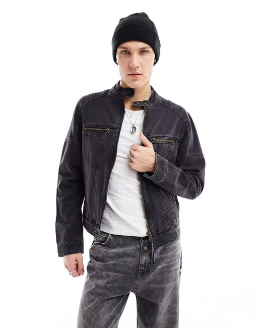 Asos Design denim collarless jacket with panels washed