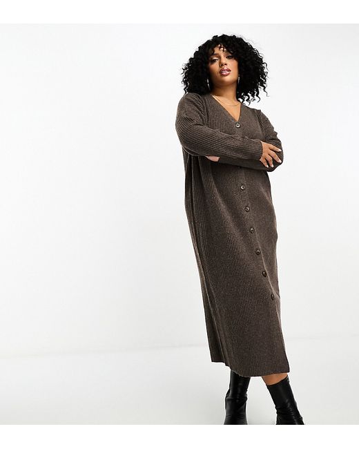 Yours button through knitted dress camel-