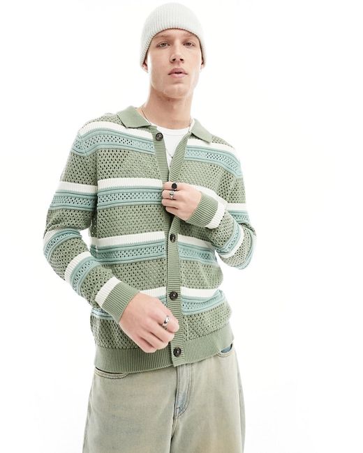Asos Design knit pointelle cardigan green and stripe